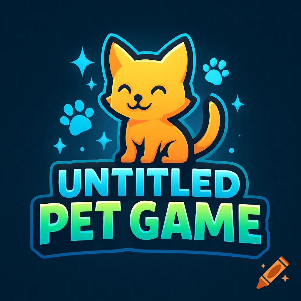 A vibrant cartoon logo featuring a smiling orange cat with blue text 'UNTITLED PET GAME' on a dark background.