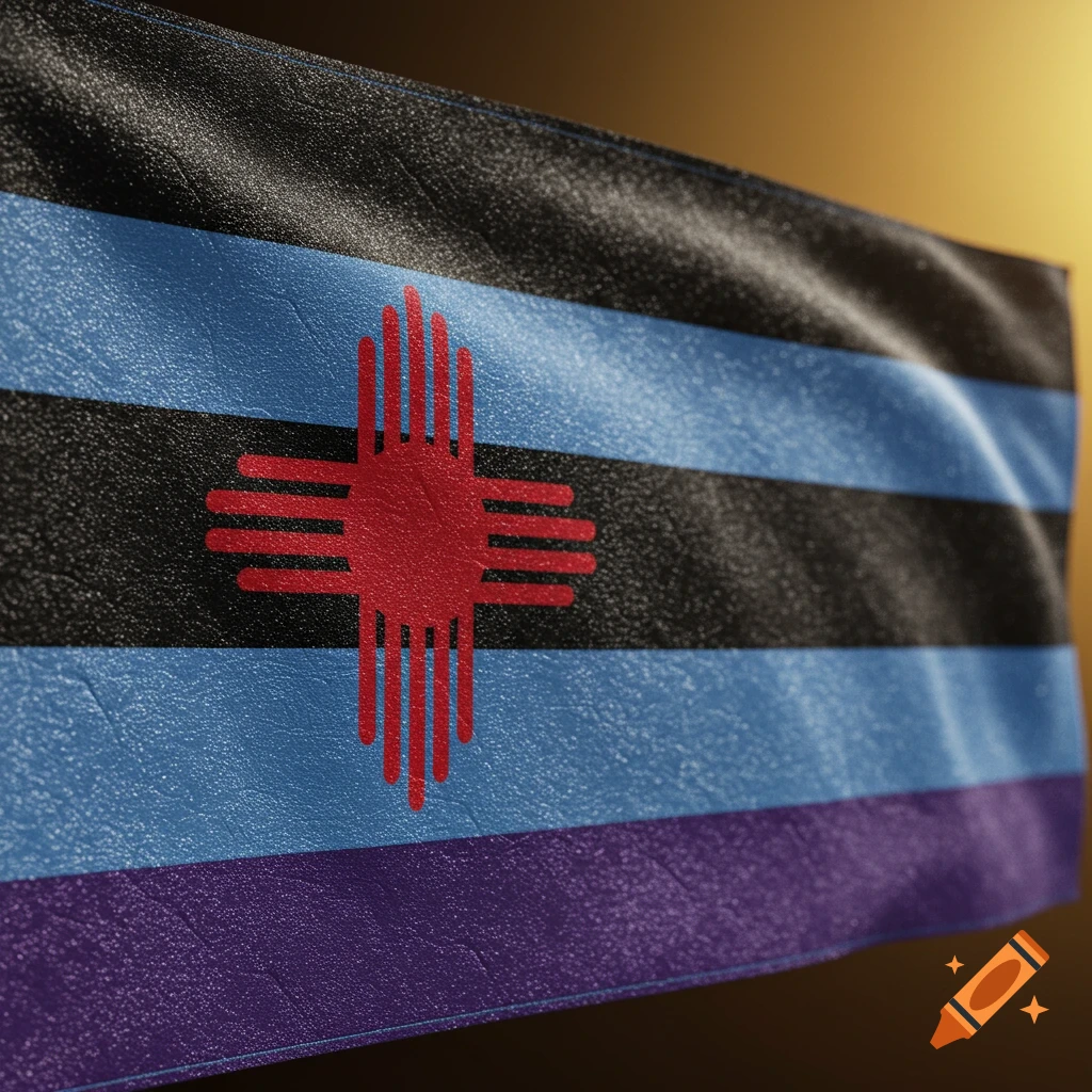 A close-up of a leather pride flag with black, blue, and purple stripes, featuring a red New Mexico Zia sun symbol in the center.