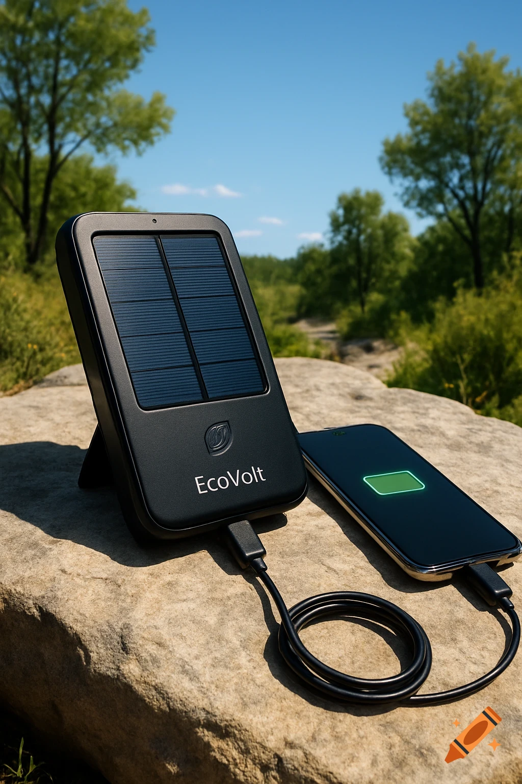 A black EcoVolt solar-powered phone charger on a rock, charging a smartphone in a bright outdoor setting with trees and blue sky.