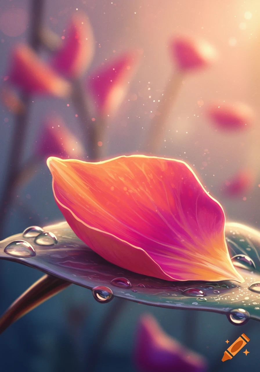 Vibrant pink and orange petal with water droplets on a green leaf in a dreamy, sunlit setting.