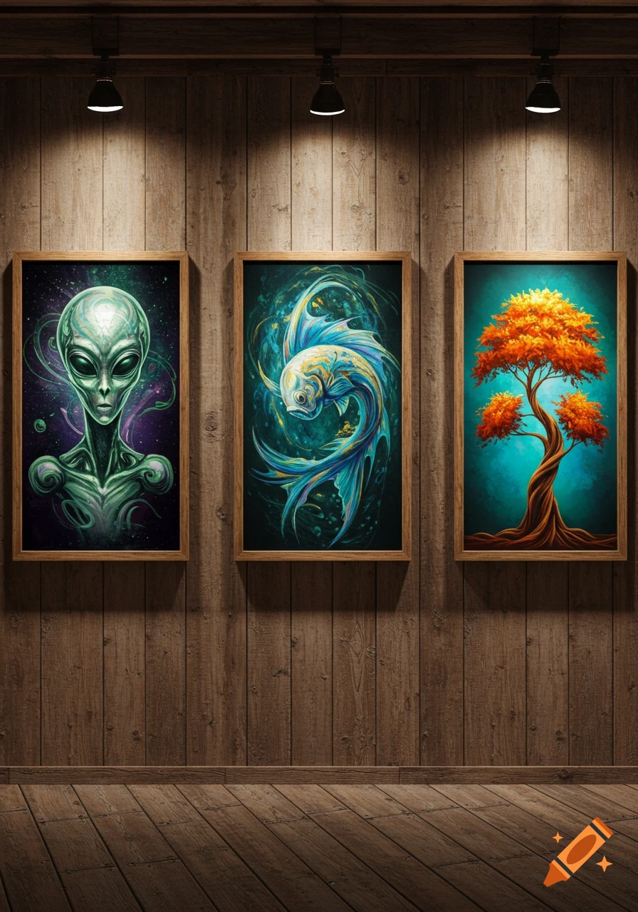 Three abstract framed artworks, an alien, a fish, and a tree, illuminated by spotlights on a wooden wall.