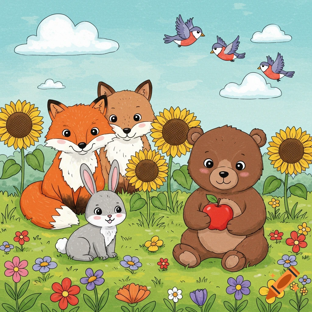 Cartoon foxes, a rabbit, a bear holding an apple, and birds in a sunflower and wildflower meadow.