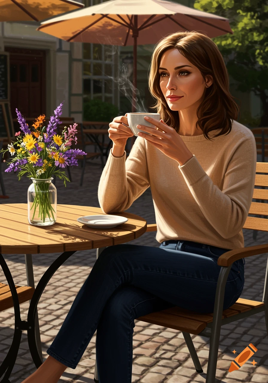A photorealistic image of a woman sitting at an outdoor cafe table, holding a steaming coffee cup, with a vase of flowers.
