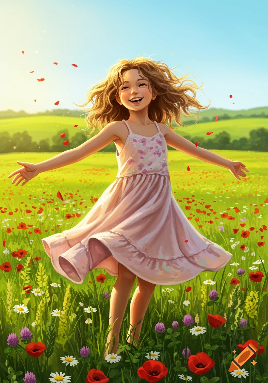 Happy young girl with arms outstretched dancing in a vibrant, sunny field of red poppies and wildflowers, illustration.