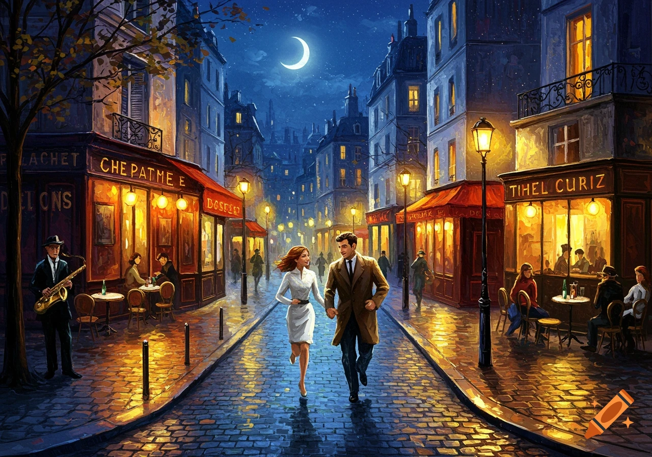 Impressionistic painting of a couple running hand-in-hand down a bustling Parisian street at night under a crescent moon.