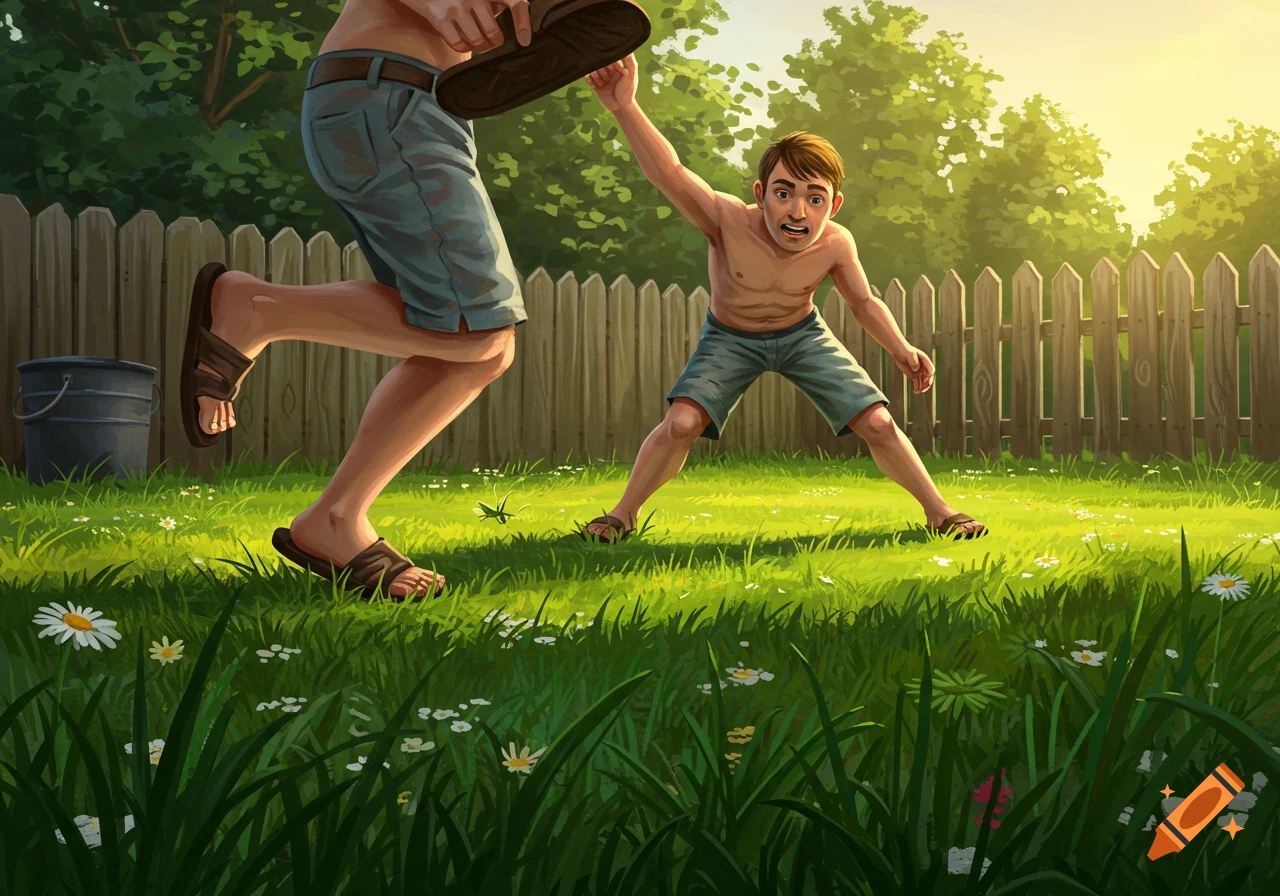 A man swings a sandal at a cricket while a boy looks surprised in a sunny green backyard.