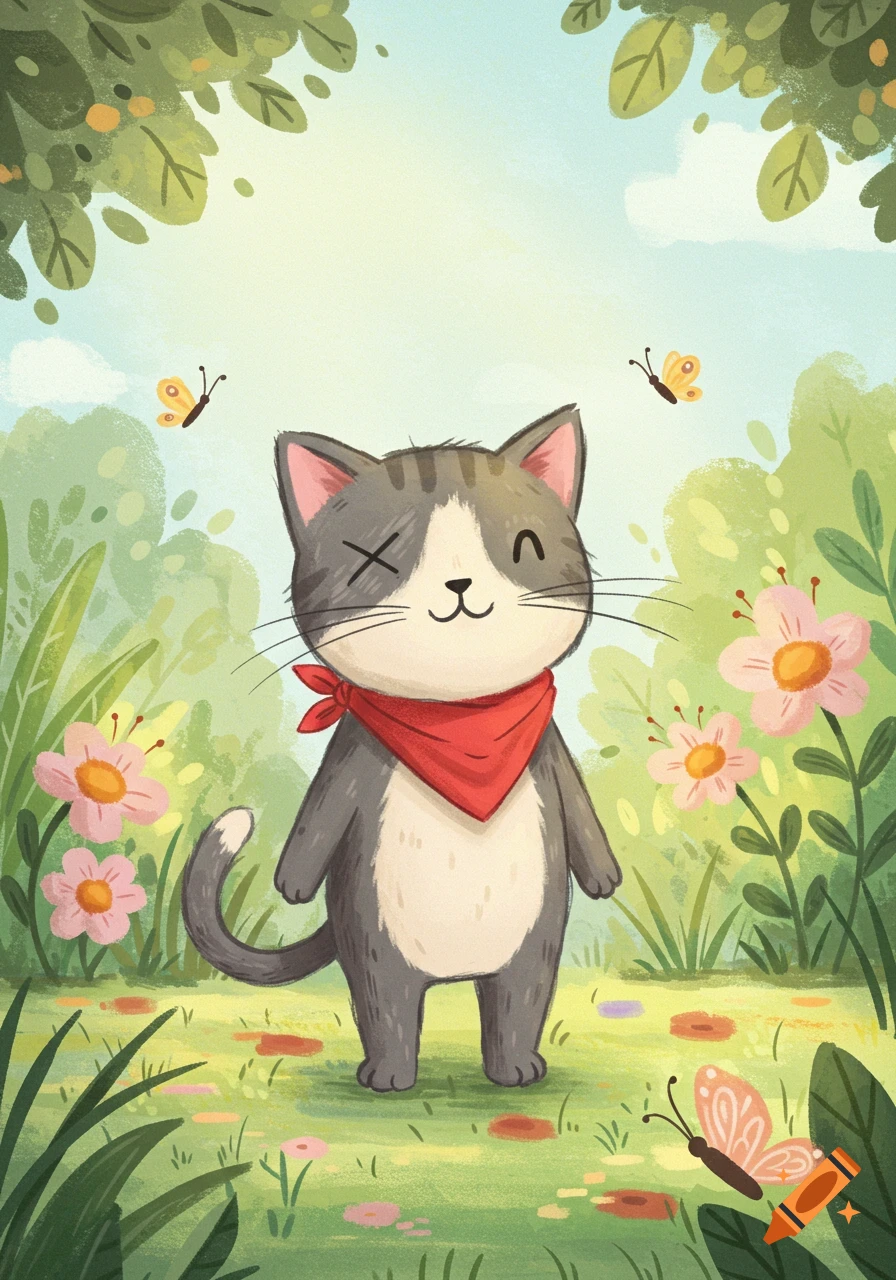 A charming cartoon cat with an 'x' on one eye and a red bandana stands winking in a lush green field with pink flowers and butterflies, in a children's book illustration.