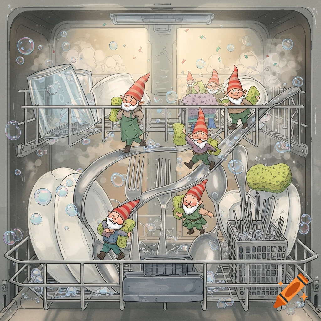 Whimsical cartoon illustration of gnomes washing dishes inside a dishwasher, surrounded by bubbles and sponges.