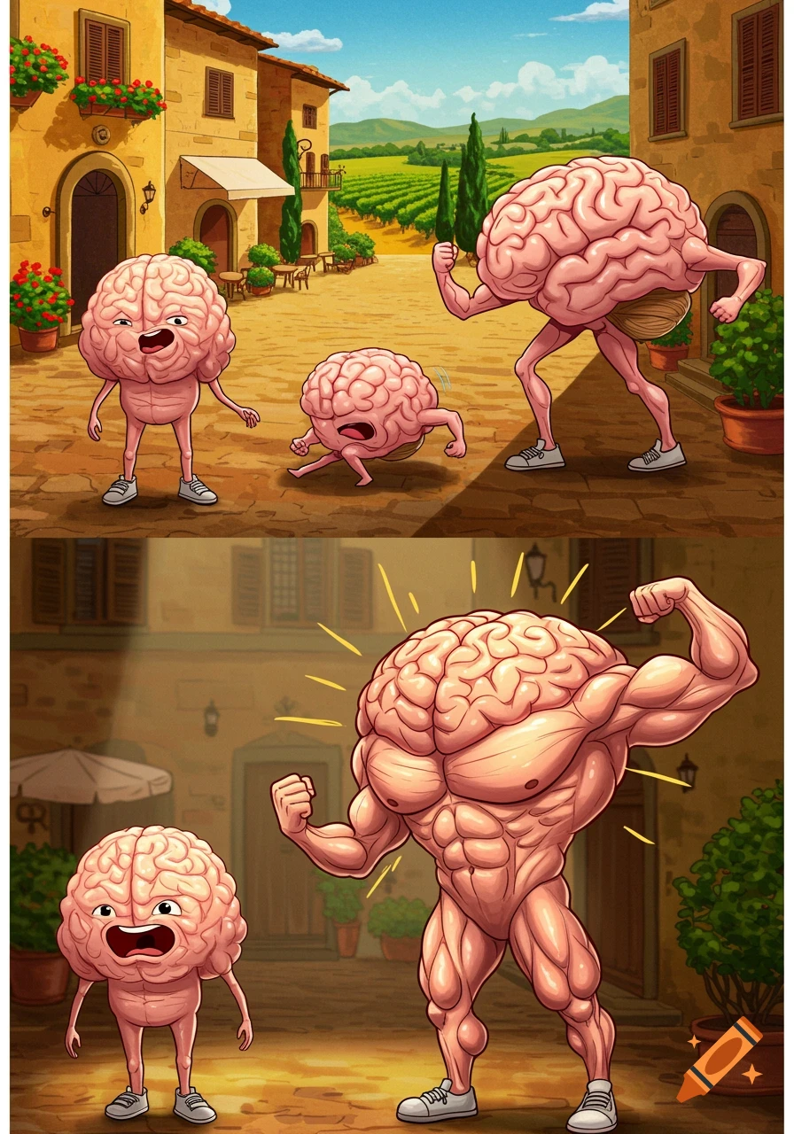 A two-panel cartoon showing small brain characters in an Italian village. In the second panel, a small brain watches as another brain transforms into a huge, muscular figure.