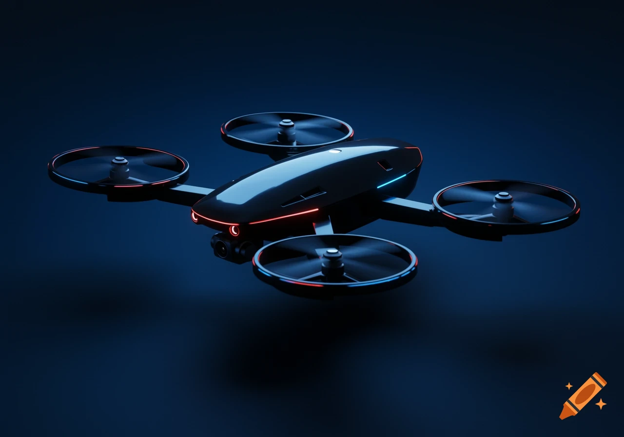 A sleek, black futuristic drone with red and blue lights hovers against a dark blue background.