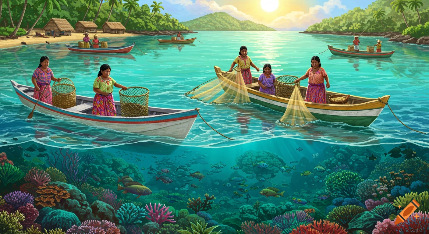 Vibrant illustration of a coastal community fishing from boats on clear tropical water, with an intricate coral reef and fish visible underwater.