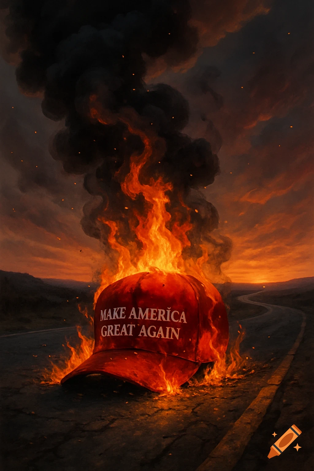 A red hat with "MAKE AMERICA GREAT AGAIN" on the front is engulfed in flames and smoke on a desolate road at sunset.
