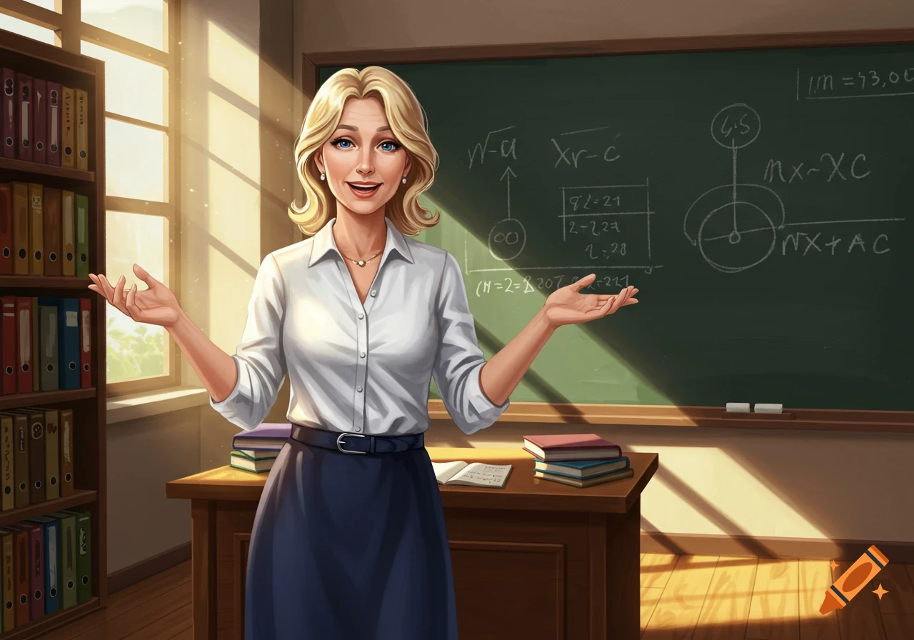 A blond-haired teacher in a white shirt stands in a sunny classroom, gesturing, with a blackboard and bookshelves. Illustration.