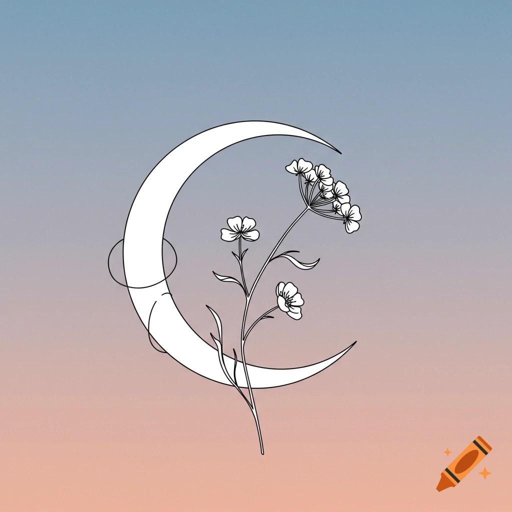 A simplistic line art illustration of a crescent moon and a delicate wildflower against a blue and orange gradient background.