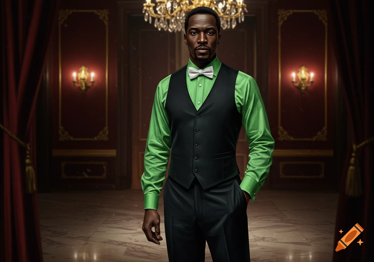 A man in a green shirt, black vest, and white bow tie stands in a luxurious room.