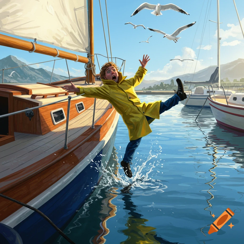 Illustrated scene of a person in a yellow raincoat falling off a boat into the water at a sunny marina, with seagulls flying above.