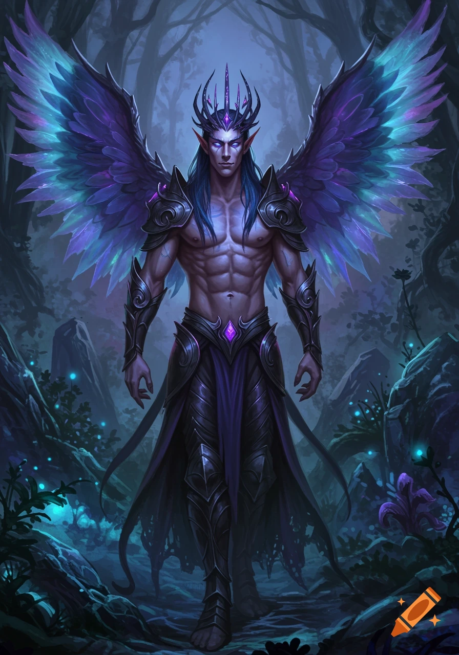 A regal, muscular male fae king with glowing eyes, long dark hair, iridescent blue/purple wings, and dark armor in a mystical twilight forest.