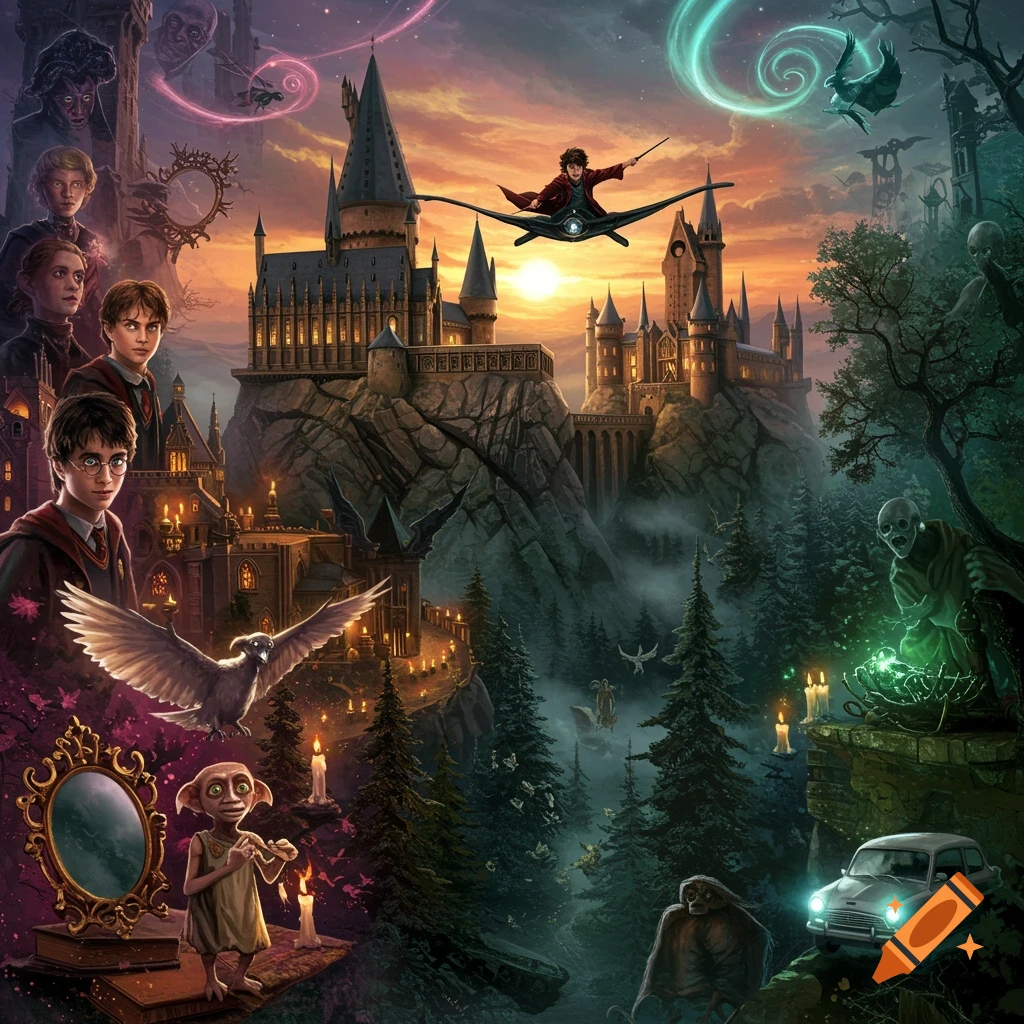 Detailed fantasy illustration of Hogwarts castle at sunset, with Harry Potter flying, surrounded by characters and magical elements.