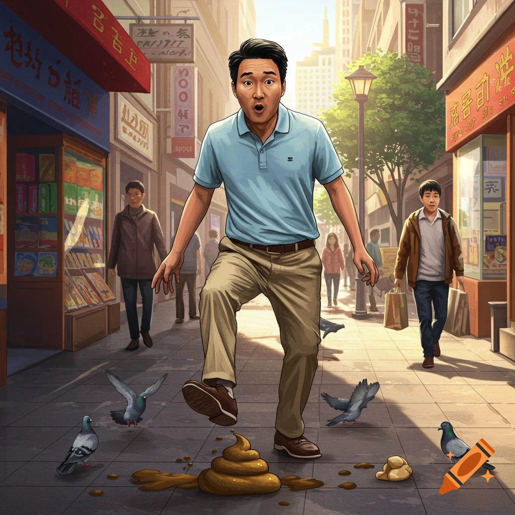 Illustrated Asian man with a surprised face about to step in poop on a city sidewalk with pigeons.