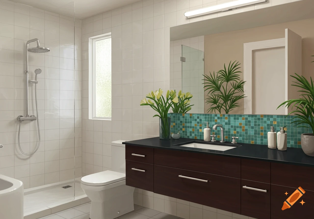 A modern bathroom with white tiled walls, a dark wood floating vanity with a white sink, and a tiled accent wall above it. A shower and toilet are also visible.