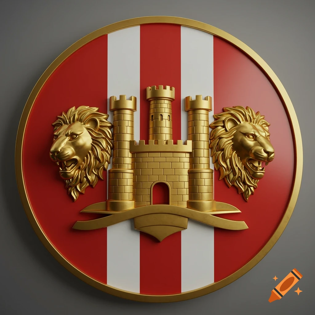 A circular 3D rendering of a gold castle flanked by two golden lion heads on a red and white striped background.
