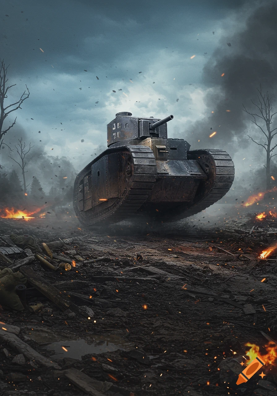 A World War I era tank on a destroyed battlefield with smoke, fire, and debris under a dark, cloudy sky. Photorealistic style.