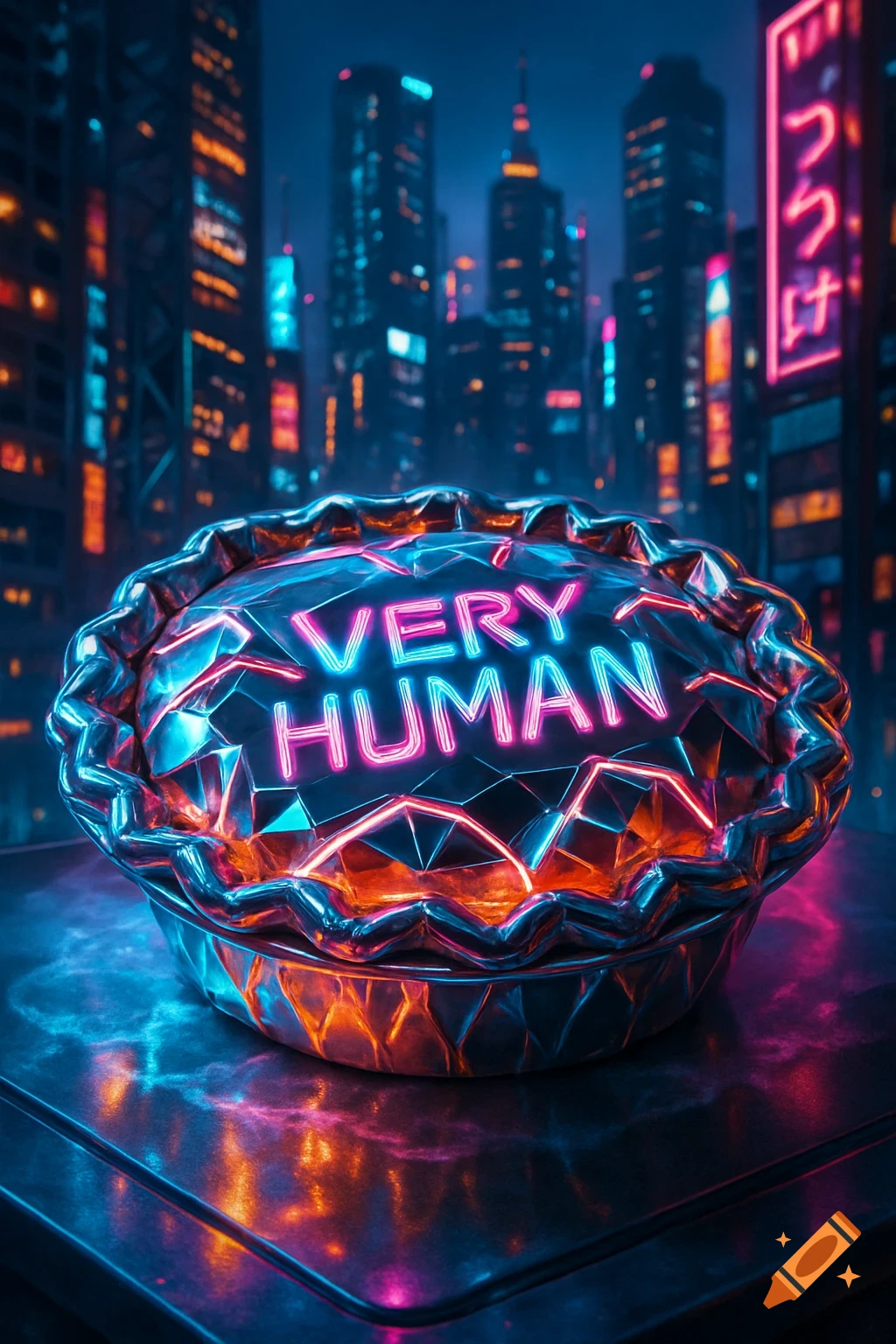 A glowing, geometric cyberpunk pie labeled 'VERY HUMAN' sits on a reflective surface against a backdrop of a neon-lit futuristic city at night.