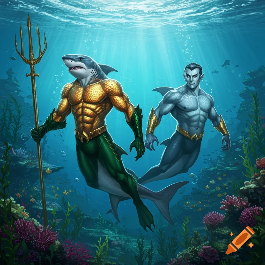 A muscular shark-headed man in gold armor holding a trident next to a muscular man with fins, both float underwater with coral and fish.