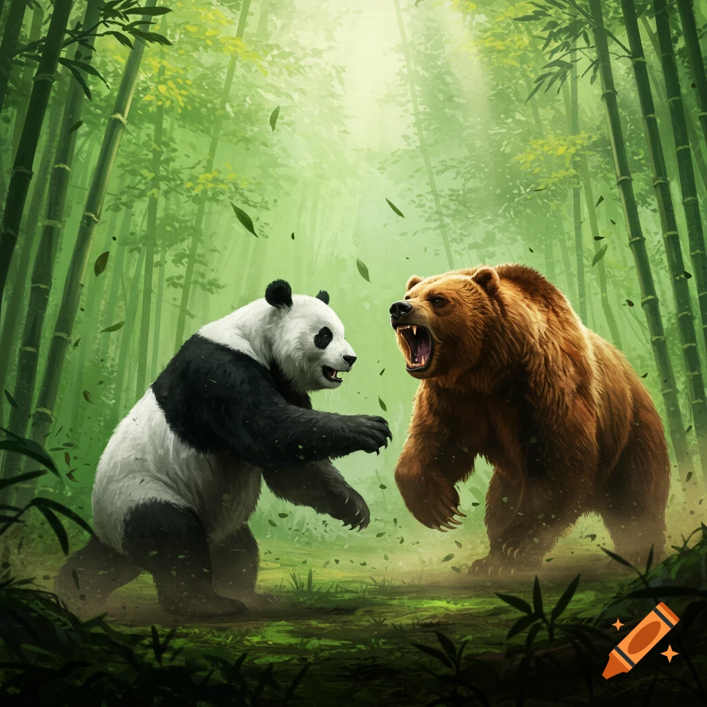 A panda and a brown bear face off in a lush bamboo forest, both roaring with open mouths in an illustrative style.