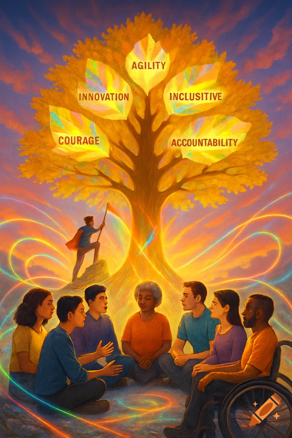 Vibrant conceptual art of diverse people around a glowing tree with 'AGILITY', 'INNOVATION', 'COURAGE' on its leaves, symbolizing values.