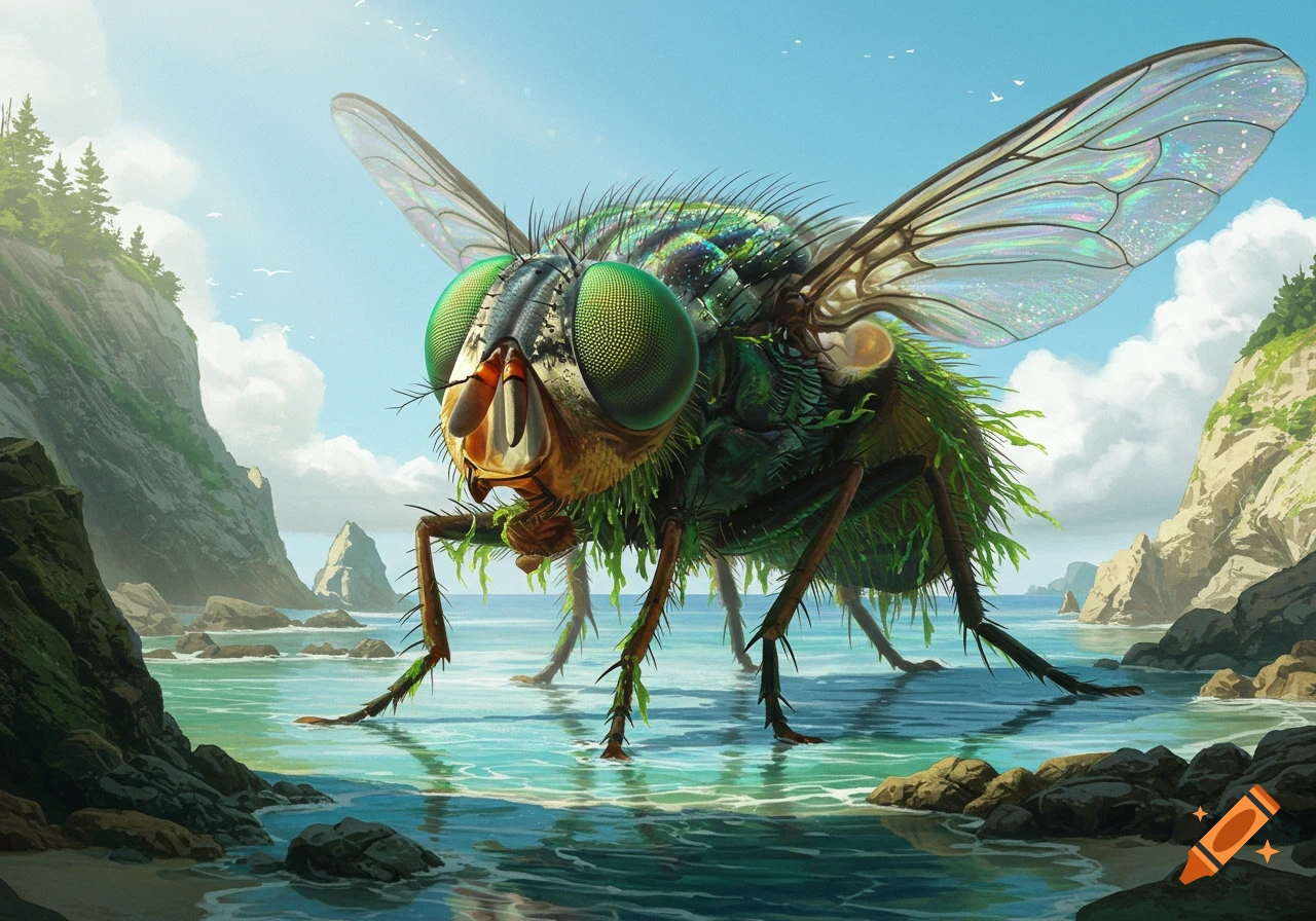 A giant fly with green eyes and iridescent wings, covered in seaweed, stands in shallow ocean water by rocky cliffs.