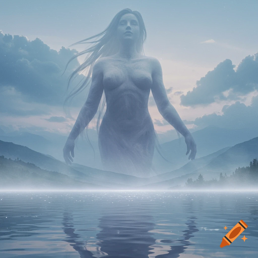 A large, ethereal, translucent female figure with long flowing hair stands over a calm body of water, with mountains and cloudy sky in the background.
