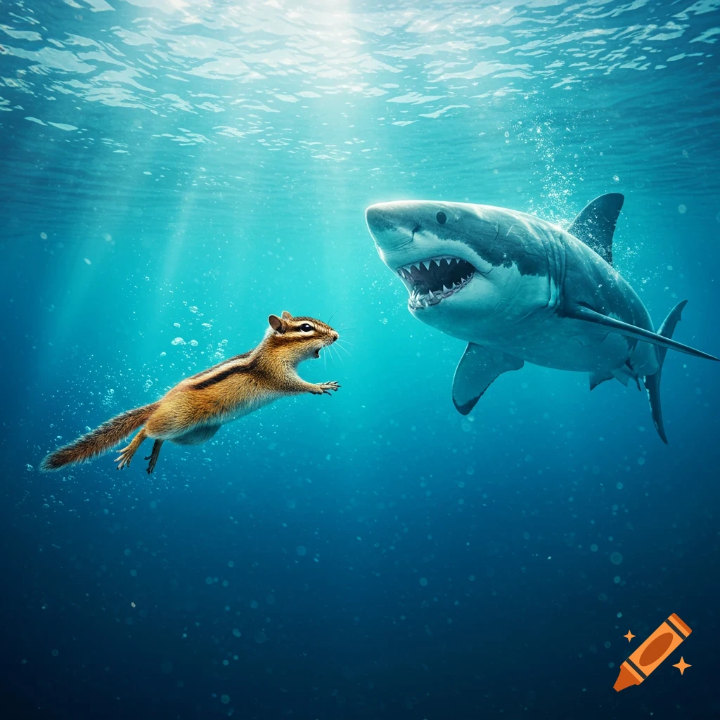 A photorealistic image of a chipmunk swimming towards a great white shark underwater with light rays from above.