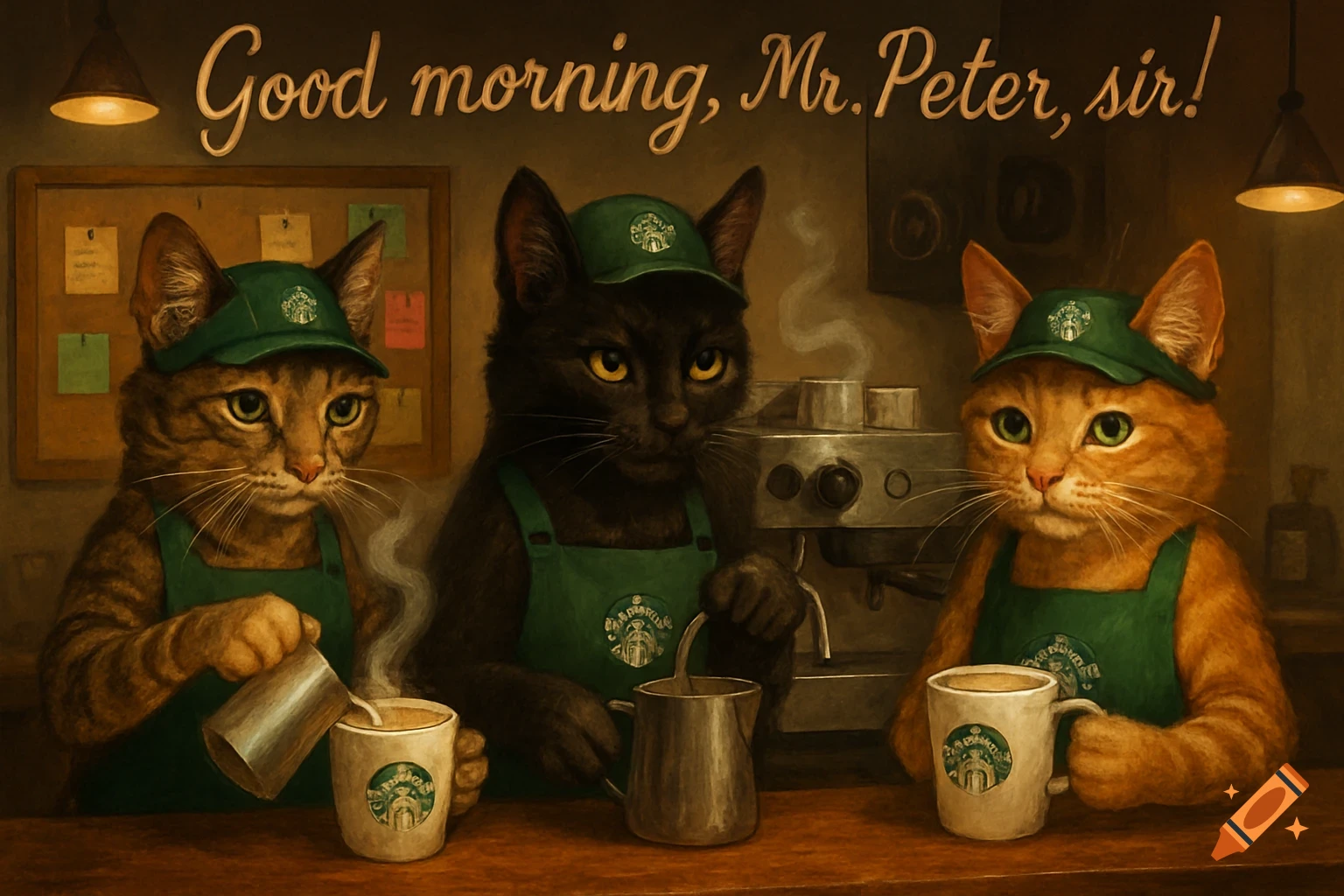 Three anthropomorphic cats wearing green aprons and hats work in a coffee shop. One pours milk into a cup, another holds a pitcher, and the third holds a cup. "Good morning, Mr. Peter, sir!" is written above them.
