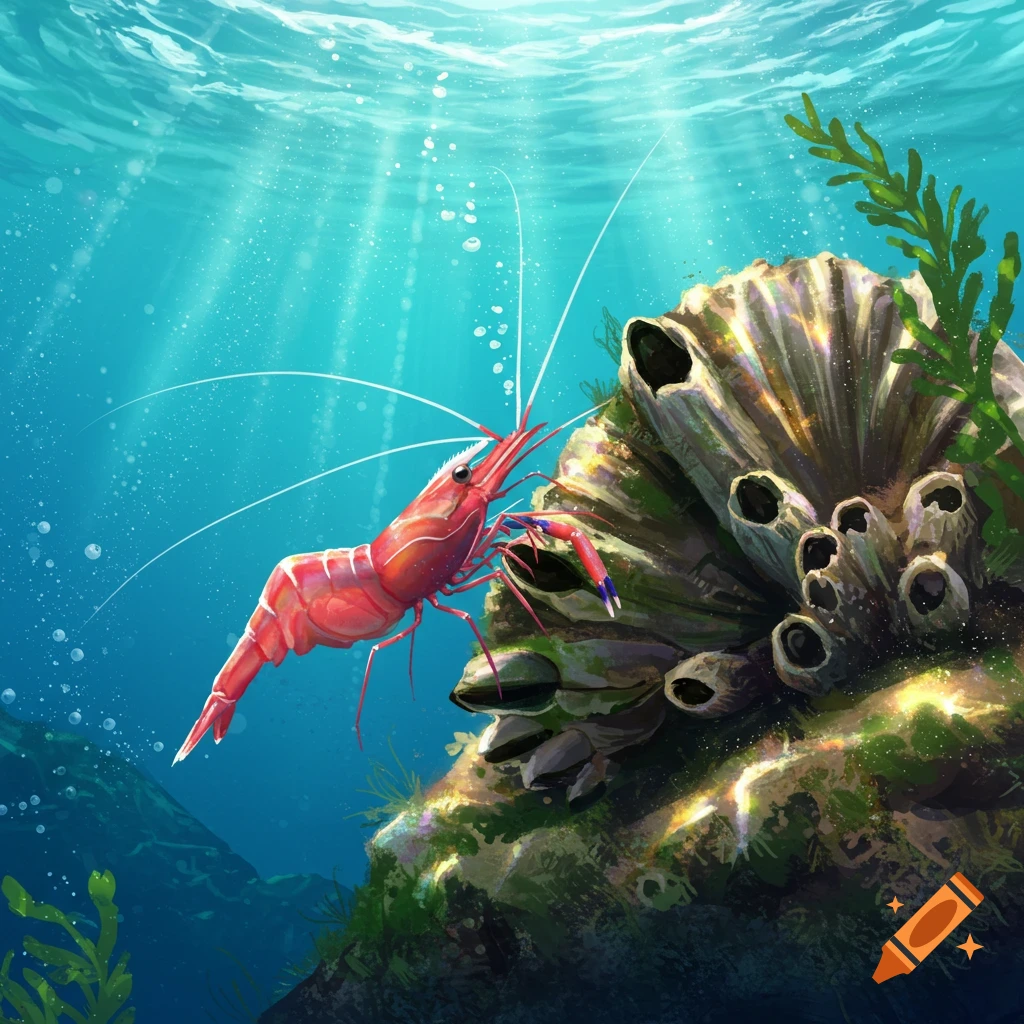 A vibrant red shrimp swims near a large barnacle formation on the ocean floor, bathed in sunlit water with bubbles.