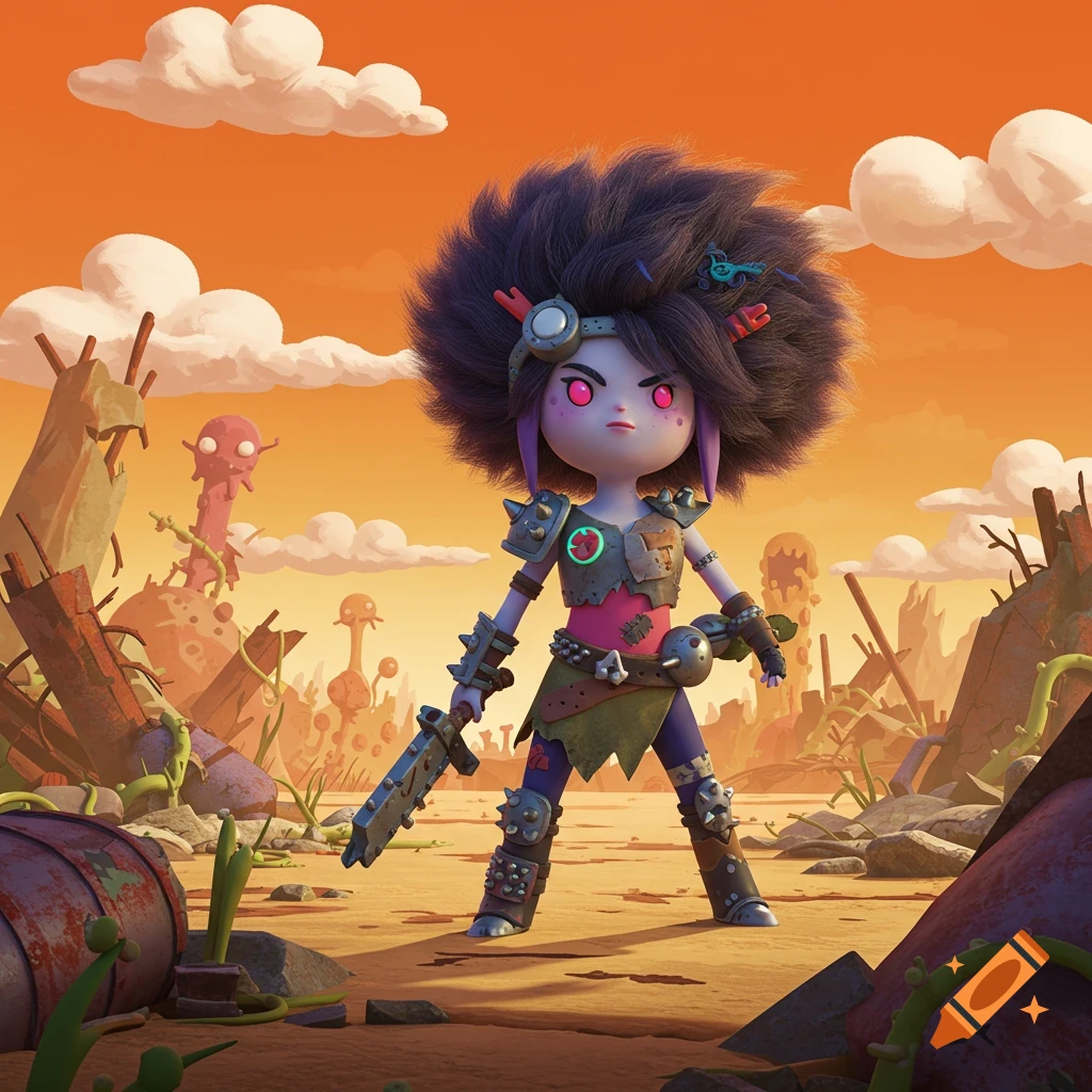 A stylized post-apocalyptic raider girl with dark fluffy hair and pink eyes, holding a weapon in a desolate orange wasteland, cartoon style.