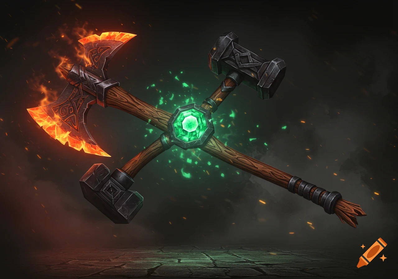 A glowing orange fantasy axe and a dark metal maul crossed, with a large green emerald at their intersection, on a dark background.