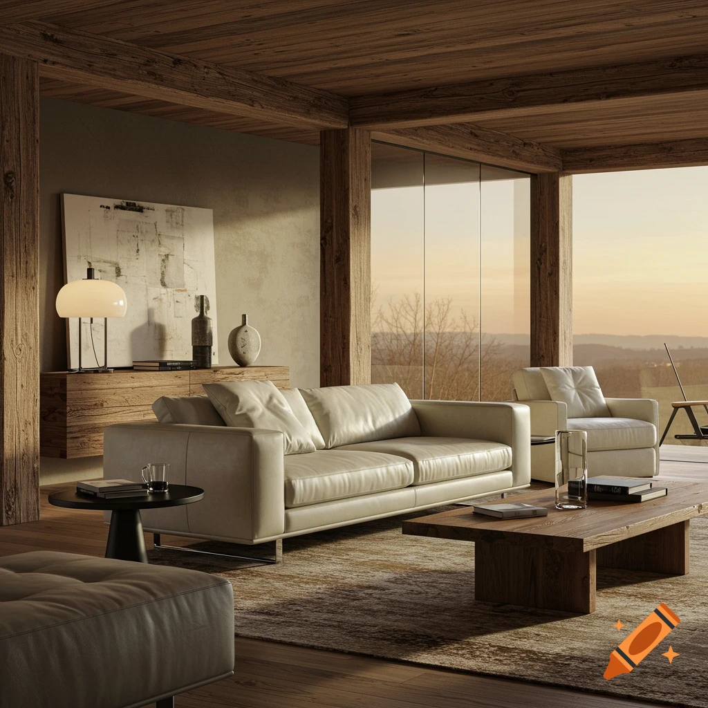 A modern living room with a white leather sofa, wooden beams, large windows, and a sunset landscape view, photorealistic style.