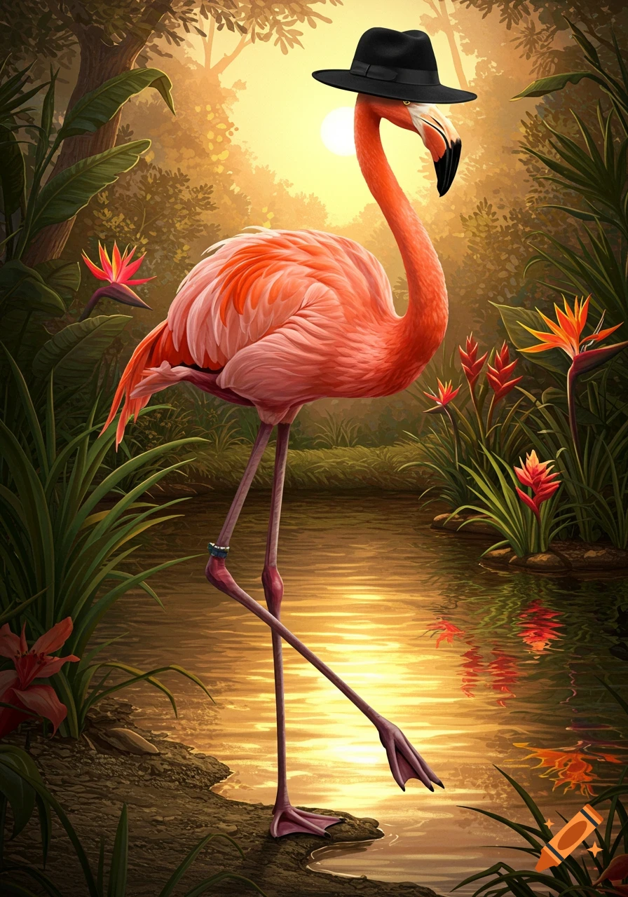 A pink flamingo wearing a black fedora stands in a tropical jungle stream with warm sunset light reflecting on the water.