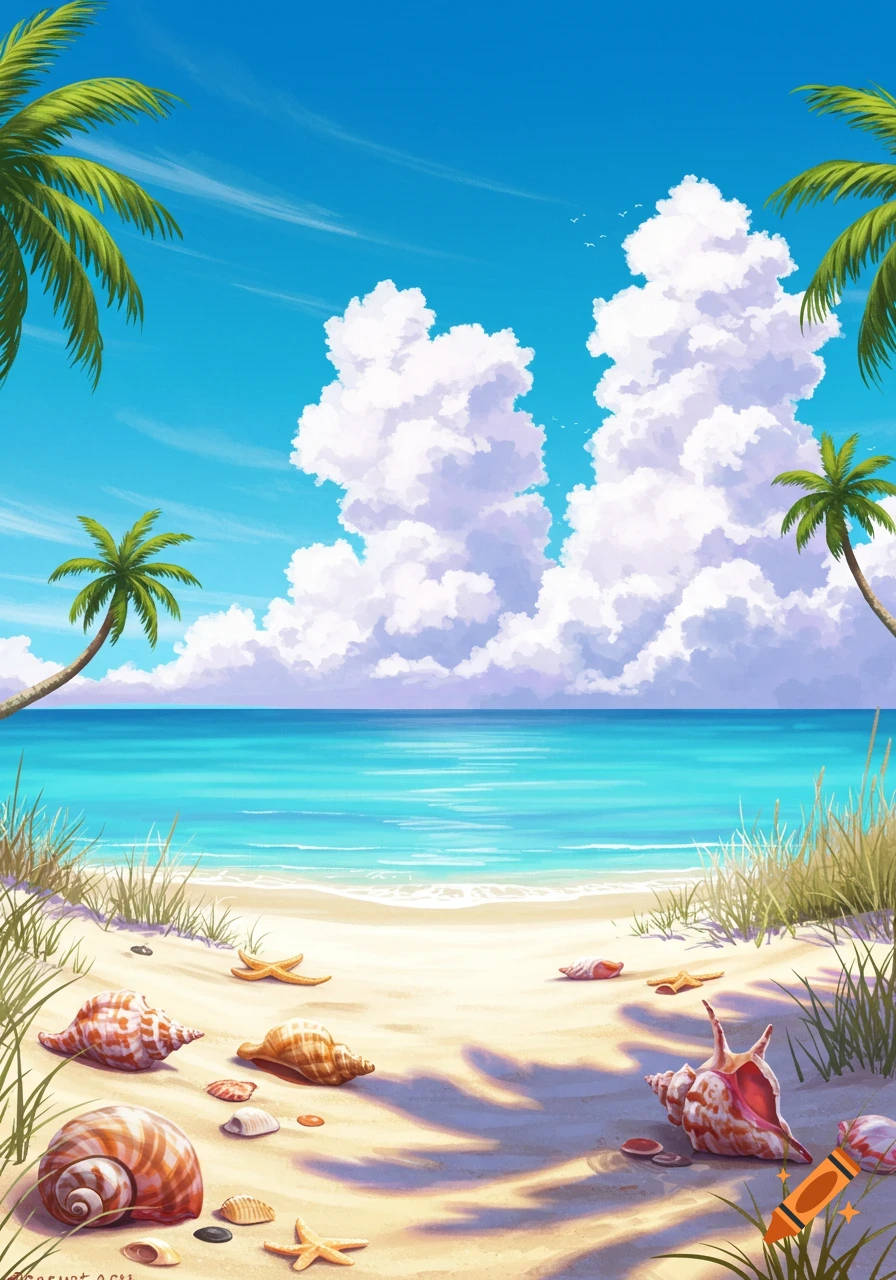 A vibrant illustration of a tropical beach with turquoise water, white sand, seashells, and palm trees under a bright blue sky.