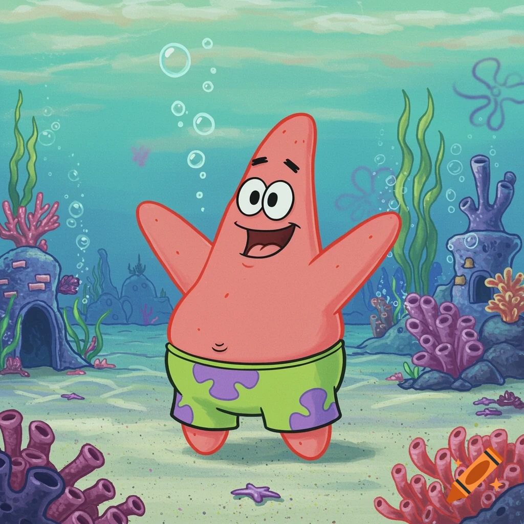 Patrick Star, a pink starfish character from Spongebob, stands underwater with arms out and a wide smile, surrounded by colorful coral and seaweed.
