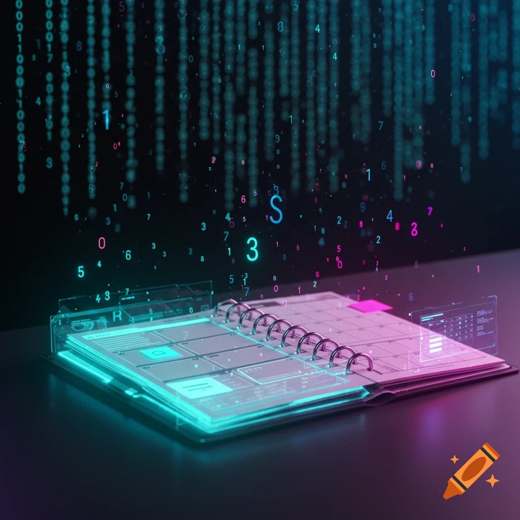 A glowing, futuristic digital planner surrounded by falling numbers and binary code on a dark background.