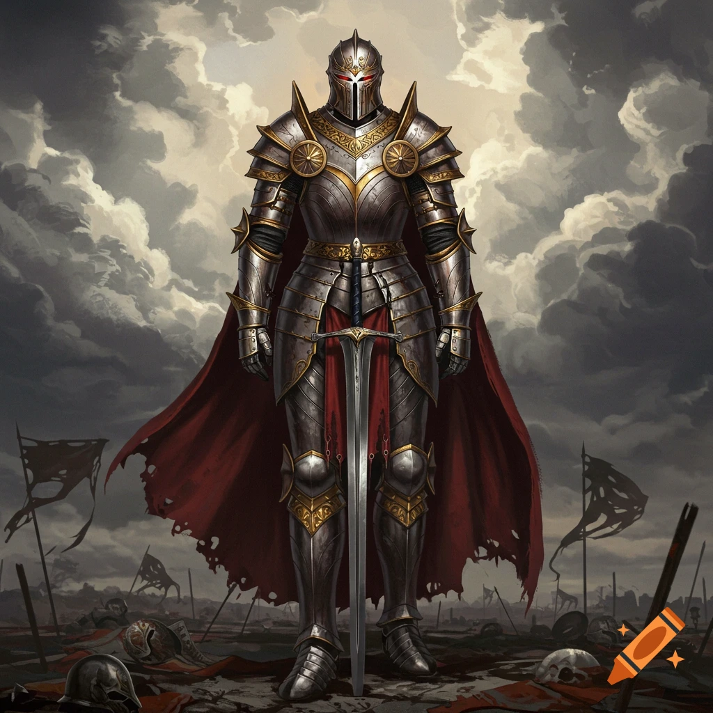 A majestic knight in ornate silver and gold armor with a red cape, standing on a desolate, cloudy battlefield with fallen flags and skulls.