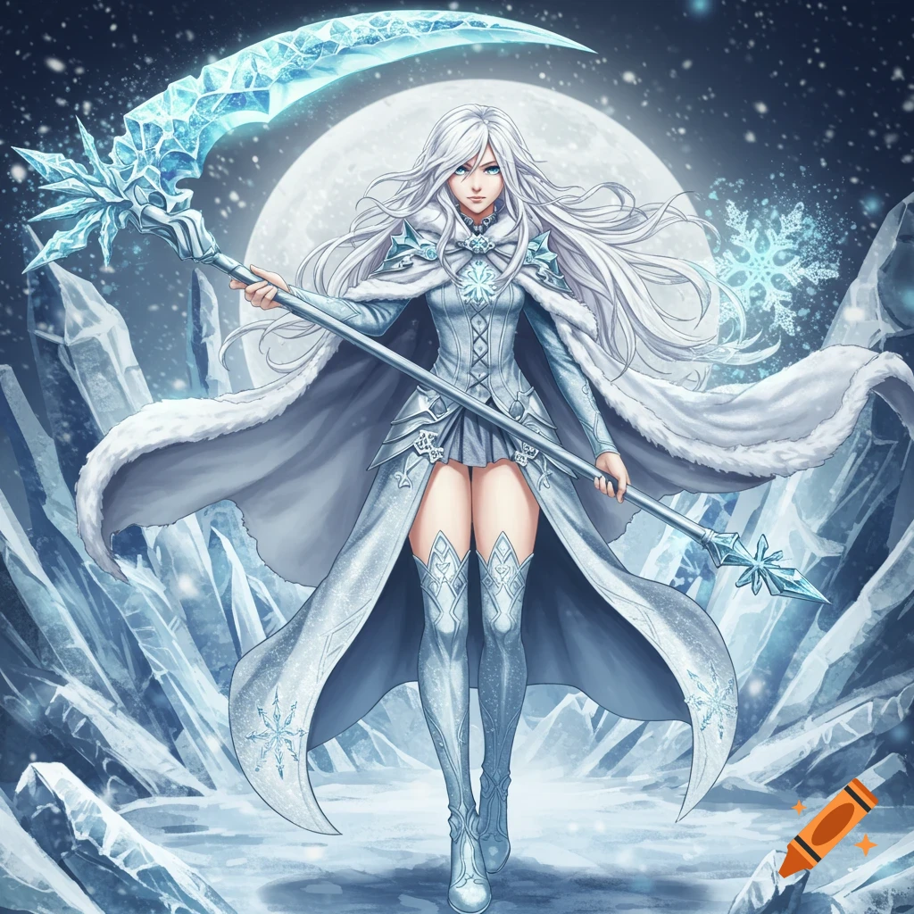 An anime female ice mage with white hair and blue eyes stands in an icy landscape, holding a large ice scythe under a full moon.