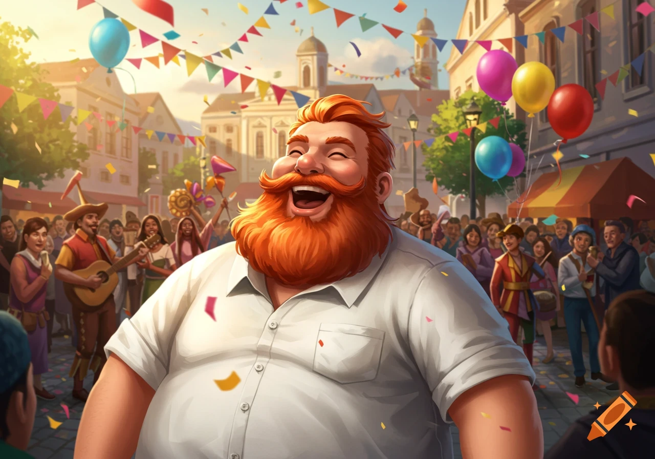 A happy red-bearded man laughs amidst a festive outdoor market with balloons, confetti, and a cheering crowd.