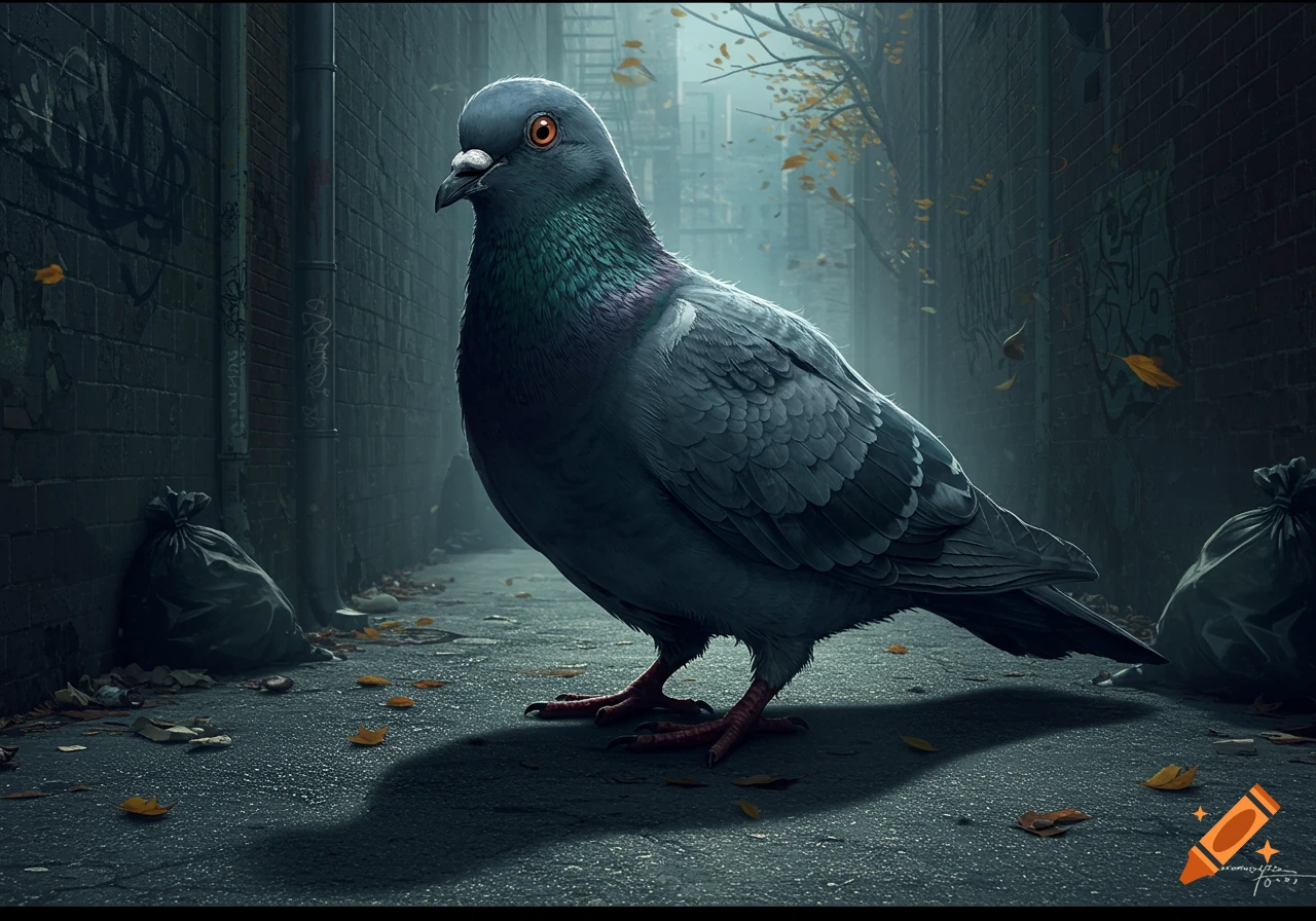 A large, dark pigeon stands in a dim, graffiti-covered urban alley with trash bags and fallen leaves.