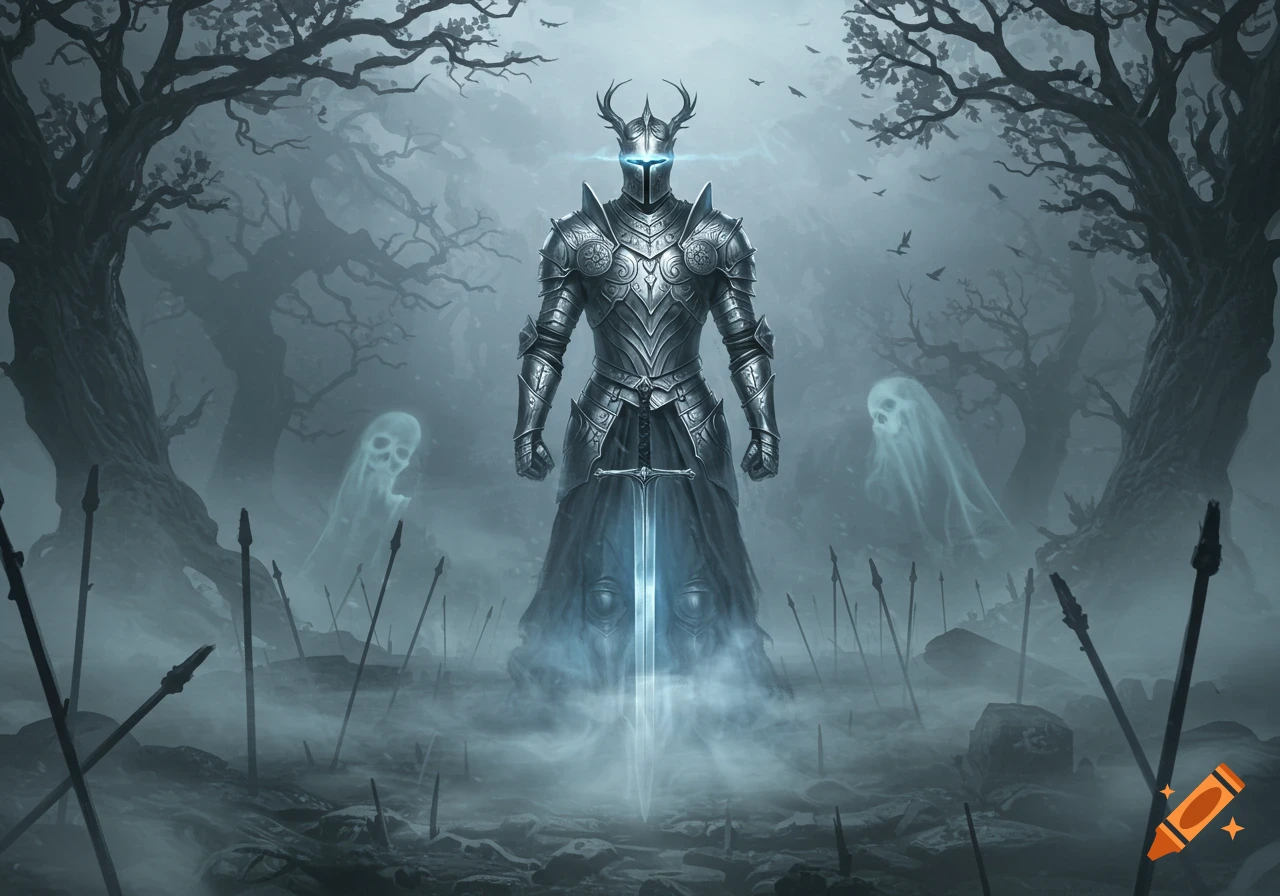 Silver armored knight with glowing blue eyes and sword, standing in a misty, dark forest surrounded by spectral ghosts and spears.