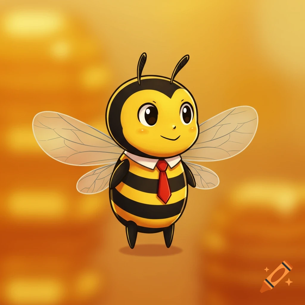 A friendly 2D cartoon anthropomorphic bee mascot wearing a white collar and red tie on a golden background.