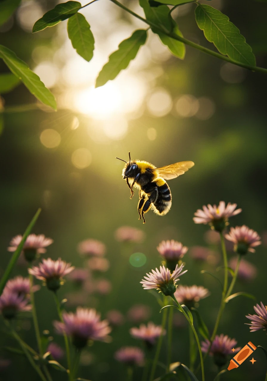 A close-up, photorealistic shot of a fuzzy bumblebee in flight over a field of small pink flowers, backlit by a bright, warm sun.