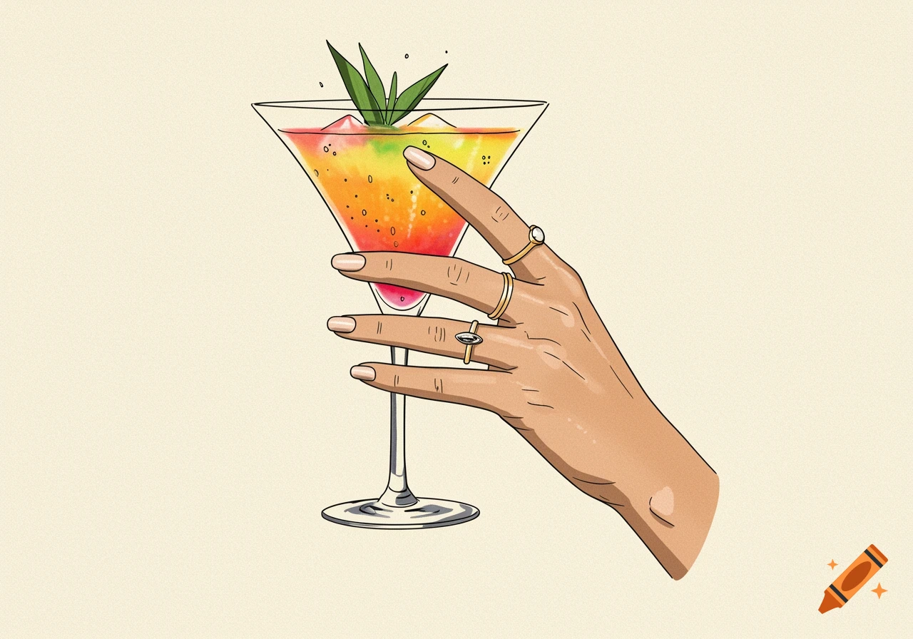 A stylized hand holding a colorful cocktail in a martini glass, depicted in a hand-drawn illustration style.